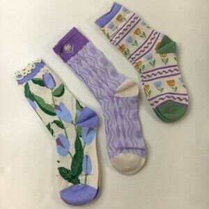 Womens Floral Pattern Crew Socks 3 Pack Ruffle Ribbed Cuff Purple Green